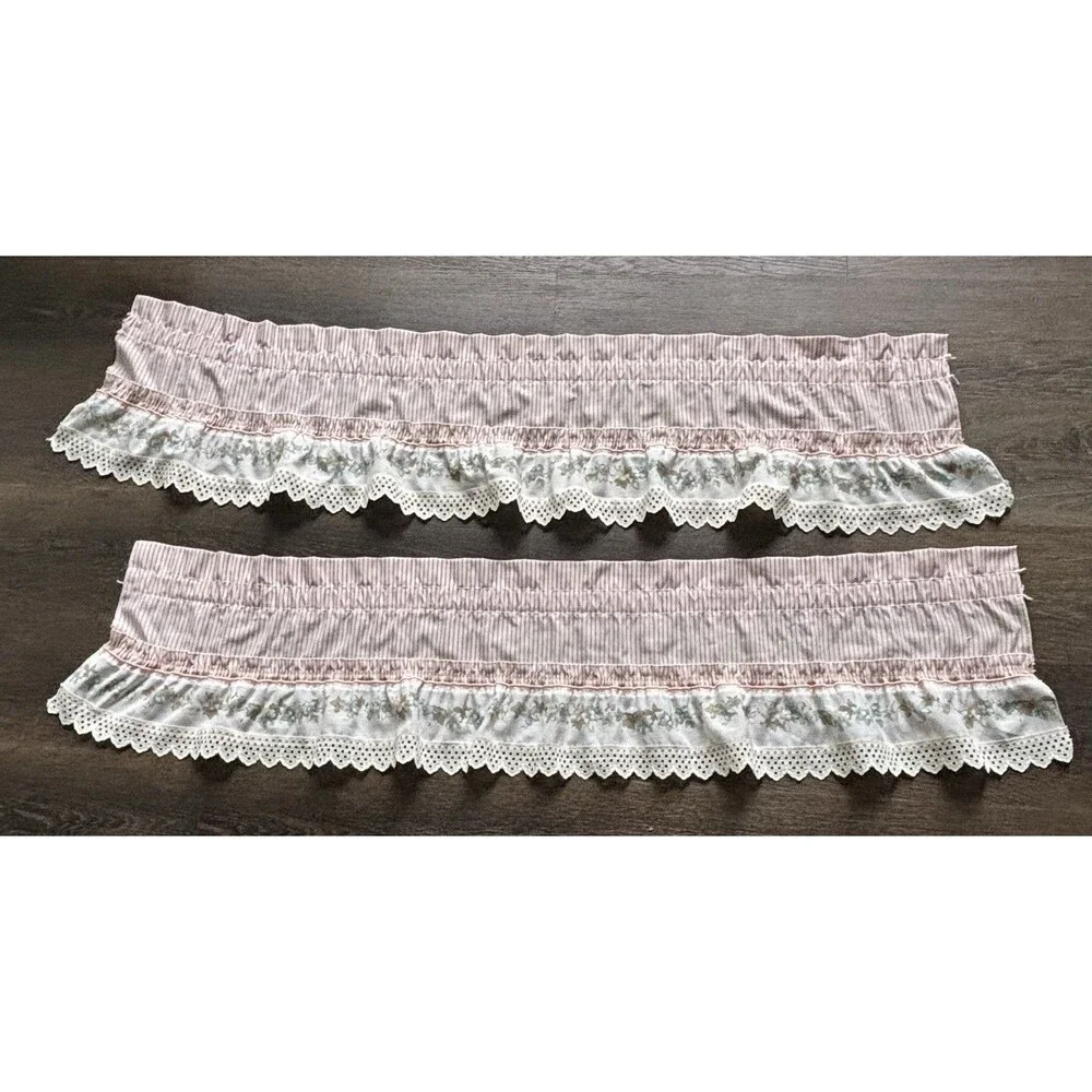 VTG 2 VALANCES Ruffled Stripes W Vines Flowers & Lace Trim Cottage Core 48 X 12